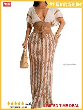 Crochet Striped Maxi Skirt Set Batwing Crop Top Semi-Sheer Vacation Coverup